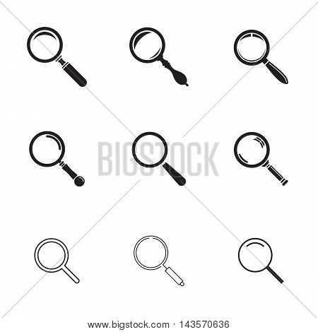 Set of nine black icons of magnifier glasses isolated on white background. Search icons. Vector illustration
