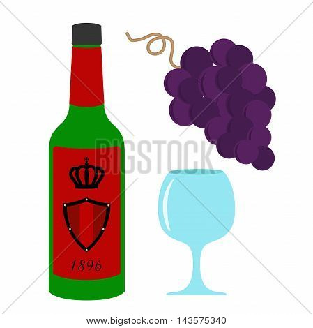 Wine set illustration. Bottle with royal wine, glass and grapes. Flat style.