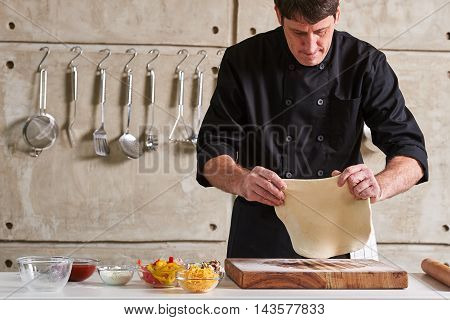 Restaurant Hotel Private Chef Preparing Pizza Rolling Flattening Dough