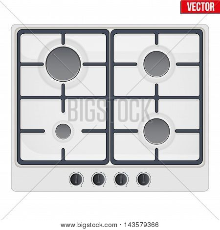 Surface of white gas hob. Top view of stove. Domestic equipment. Editable Vector illustration Isolated on white background.