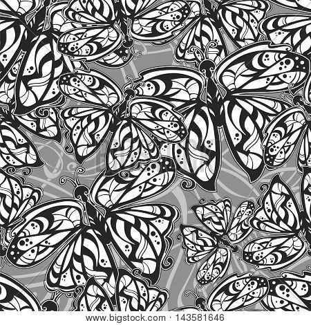 seamless monochrome pattern butterfly in vintage Art Nouveau. Vector