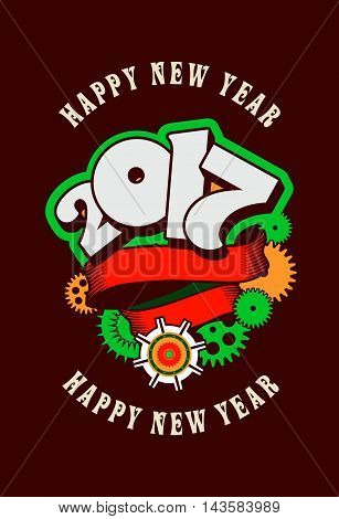 vector illustration Christmas card with the number of years entwined banner and rotating mechanical parts