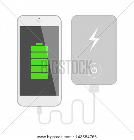 Smartphone with powerbank. Phone charging with portable powerbank. Isolated gadgets on white background.