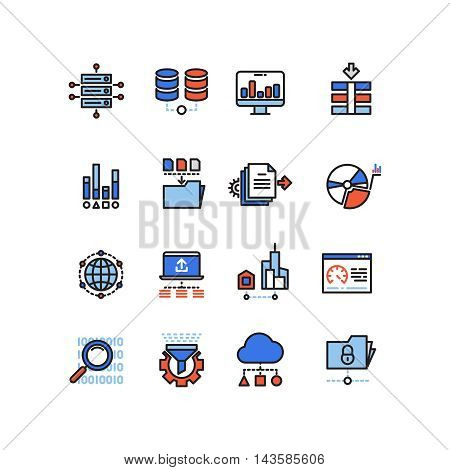 Web security cloud computing technology big data analysis line icons with flat elements. Sructure database and analysis code, vector illustration