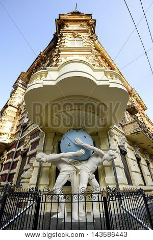 Odessa, Ukraine - July 25, 2016: Faltz-Fein House. Beautiful  house with the Atlanteans in Odessa, Ukraine. Built in 1899