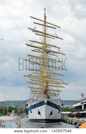 VARNA BULGARIA - 22th May 2016: Five-masted Royal Clippers sailing ship owned by Star Clippers at the passenger terminal docks of the harbor.