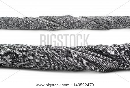 Twisted strip of gray fabric isolated over the white background, set of two different foreshortenings