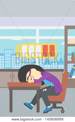 An asian woman sleeping at workplace on laptop keyboard and low power battery sign over her head. Business woman sleeping in office. Vector flat design illustration. Vertical layout.