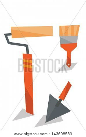 Spatula, paint roller and brush vector flat design illustration isolated on white background.