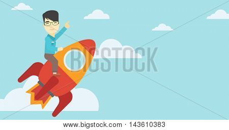 An asian businessman flying on the business start up rocket and pointing his forefinger up. Successful business start up concept. Vector flat design illustration. Horizontal layout.