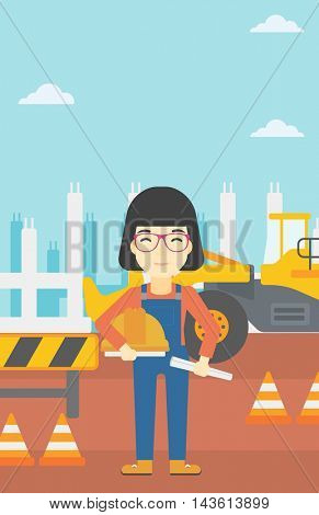 An asian engineer with a blueprint at construction site. Woman holding a twisted blueprint and hard hat. Woman checking construction works. Vector flat design illustration. Vertical layout.