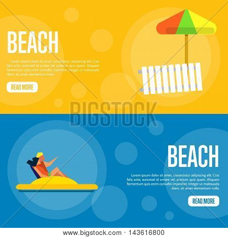 Beach vector illustration. Couple on yellow water bike on on blue background. Sun lounger and beach umbrella on orange background. Beach activities. Website template. Flat design banner