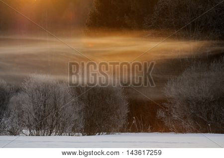 Color fog at dawn in Plesheevo National park. Yaroslavl region Russia