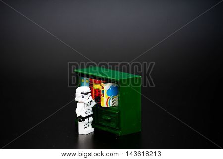 Orvieto Italy - February 16th 2016: Lego mini figure Stormtroopers read a book