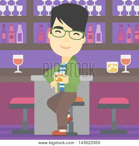 An asian man sitting at the bar counter. Man sitting with glass in bar. Cheerful young man sitting alone at the bar counter. Vector flat design illustration. Square layout.