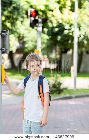 Schoolboy With Backpack Pressing A Button On Traffic