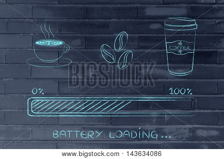 Coffee Icons With Progress Bar Loading Awakeness, Battery Version