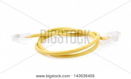 Folded yellow ethernet cable isolated over the white background