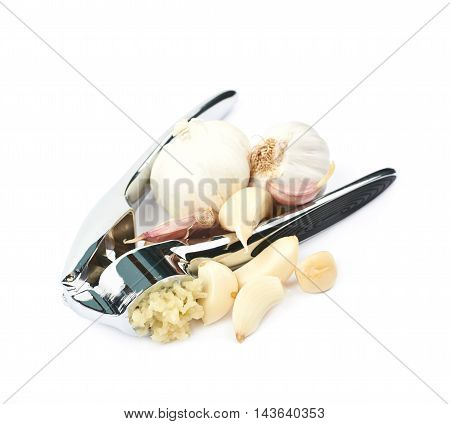Metal garlic press utensil next to a pile of fresh cloves isolated over the white background