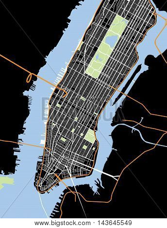 New York City - Lower and Mid Manhattan - Vector Map Black