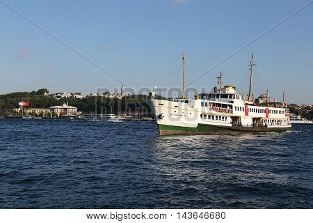 ISTANBUL TURKEY - JULY 25 2016: Sehir Hatlari ferry carry passengers between Asian side to European side of Istanbul. Sehir Hatlari was established in 1844 and now carry 150000 passengers a day.