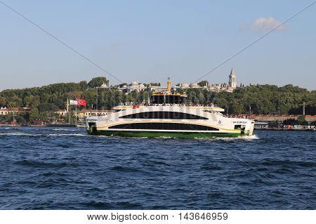ISTANBUL TURKEY - JULY 25 2016: Sehir Hatlari ferry carry passengers between Asian side to European side of Istanbul. Sehir Hatlari was established in 1844 and now carry 150000 passengers a day.