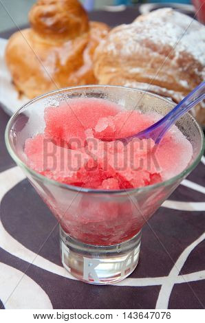 Delicious breakfast with strawberry granita and briochesitaly