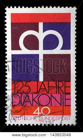 ZAGREB, CROATIA - JULY 03: A stamp printed in the Germany dedicated to 125th anniversary of the Diaconal Association of the German Protestant Church, circa 1974, on July 03, 2014, Zagreb, Croatia