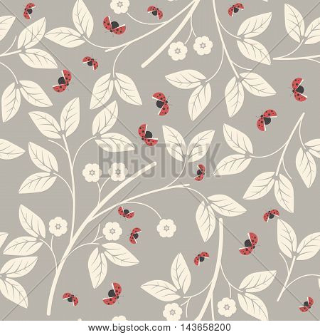 Endless pattern with flowers and ladybugs can be used for design fabric, backgrounds, wrapping paper, package ,covers, linen and more designs.