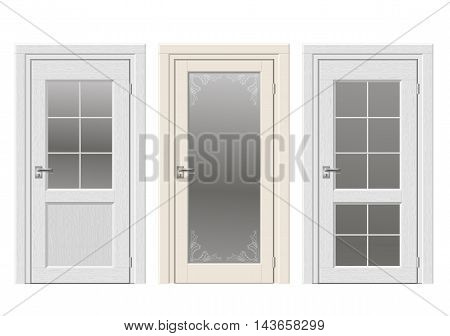Set of classic vintage doors with stained glass, ornaments. Color doors in a light beige and white wood.