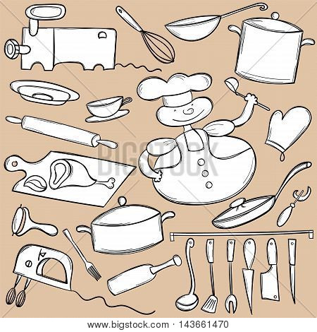 Vector doodle hand drawn cooking set on beige background