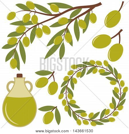 Vector olives set with olive oil branch and wreath
