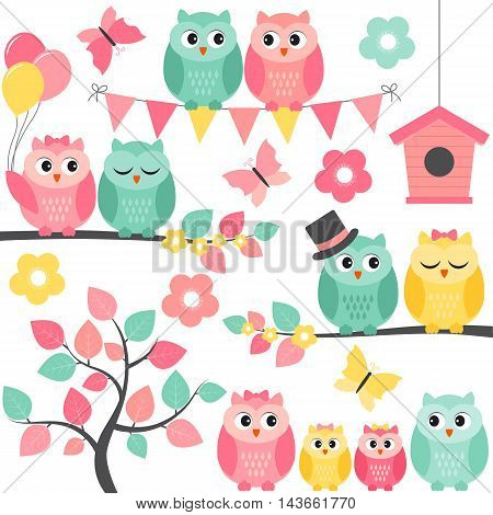 Vector summer set with owls birdhouses branches and flowers