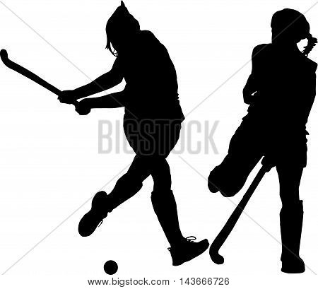 Silhouette Of Girl Ladies Hockey Players Hitting And Blocking Ball