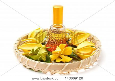 Ylang-Ylang essential oil with flowers isolated on white background.