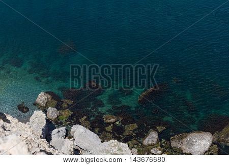 Rocky sea coast with clear water in the summer