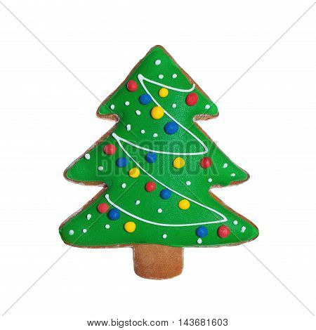 Isolated Christmas Cookie Food. Green Gingerbread Xmas Tree on White Background