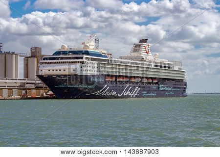 Southampton/UK. 21st August 2016. Cruise Ship Mein Schiff 1 is moored up at Southampton docks awaiting departure on a European Cruise.