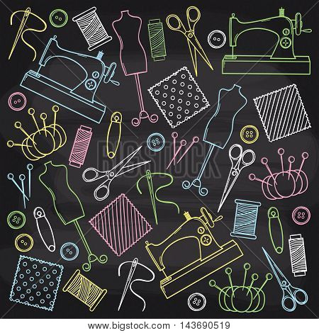 Vector doodle hand drawn sewing set on chalkboard background