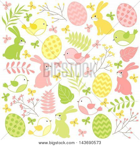 Vector easter set with rabbits eggs leaves and birds