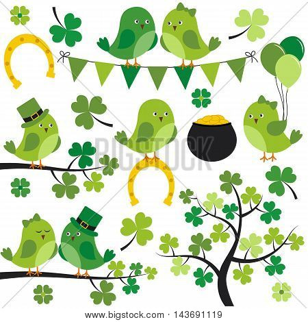 Vector St. Patrick birds with leaves branches and tree