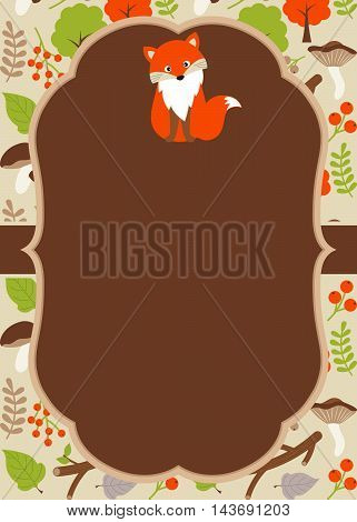 Vector woodland card with fox leaves and mushrooms