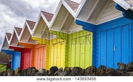 close up of Scarborough bay beach huts