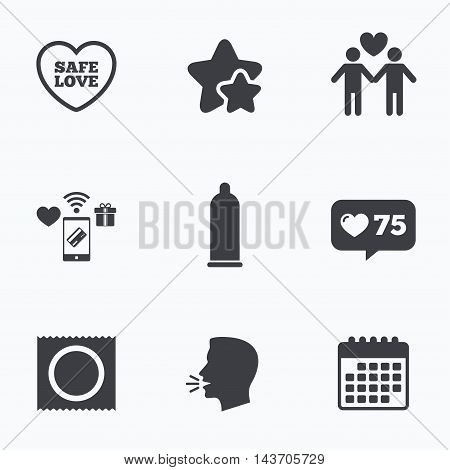 Condom safe sex icons. Lovers Gay couple signs. Male love male. Heart symbol. Flat talking head, calendar icons. Stars, like counter icons. Vector
