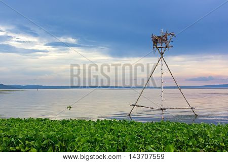 Tranquil morning on the Lake Taal Philippines. The lake panorama with mountains on horizon.