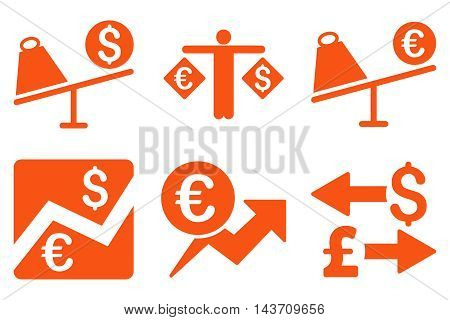 Currency Trading vector icons. Pictogram style is orange flat icons with rounded angles on a white background.