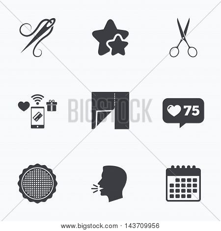 Textile cloth piece icon. Scissors hairdresser symbol. Needle with thread. Tailor symbol. Canvas for embroidery. Flat talking head, calendar icons. Stars, like counter icons. Vector
