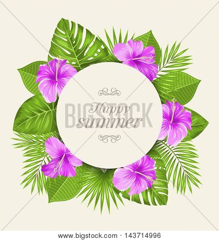 Illustration Vintage Card with Purple Hibiscus Flowers and Green Tropical Leaves. Happy Summer - Vector
