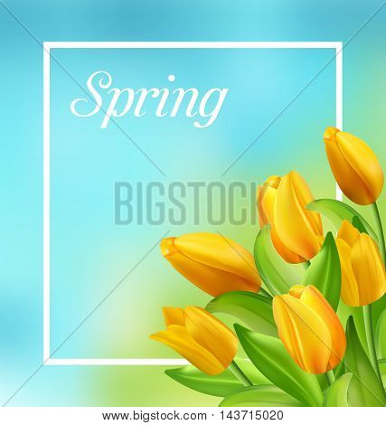 Illustration Spring Natural Frame with Yellow Tulips Flowers - Vector