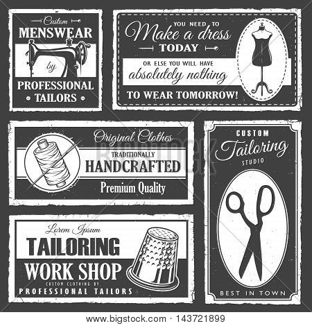 Set of professional tailor labels with sewing tools and vintage grunge texture